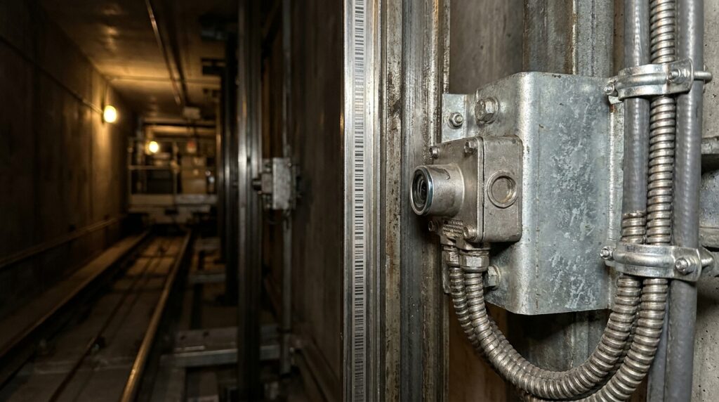 Sensor de posição instalado próximo à guia vertical dentro do poço de um elevador.