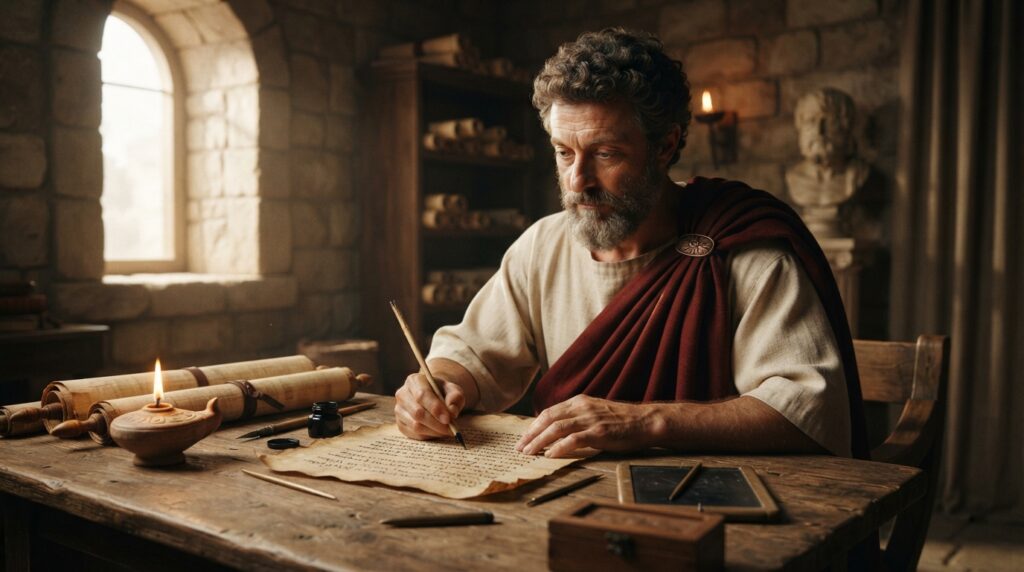 Representação de Marco Aurélio escrevendo reflexões em um manuscrito sobre uma mesa de madeira em um ambiente romano.