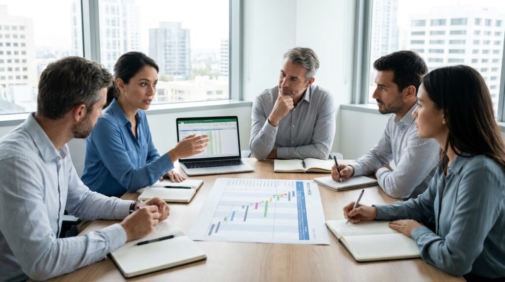 Funcionário conversa com a liderança e colegas sobre a distribuição de tarefas e as dificuldades no trabalho.