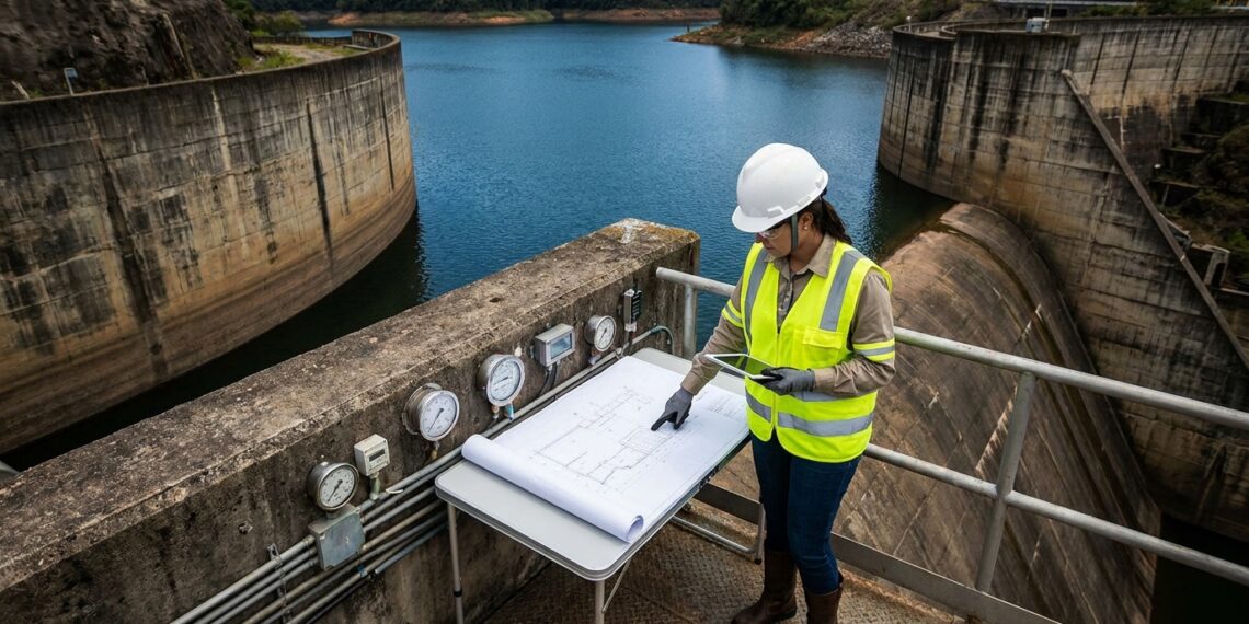 Engenheiro civil com capacete e equipamentos de proteção examinando instrumentos de monitoramento em uma barragem de concreto.