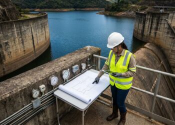 Engenheiro civil com capacete e equipamentos de proteção examinando instrumentos de monitoramento em uma barragem de concreto.