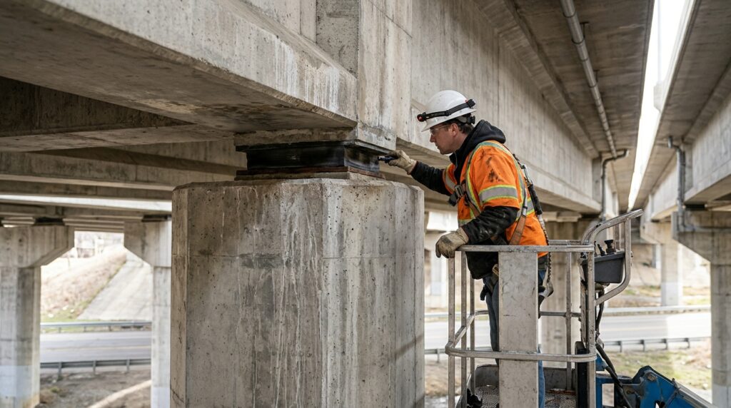 Apoio elastomérico comprimido entre uma viga de concreto e o topo de um pilar de viaduto.