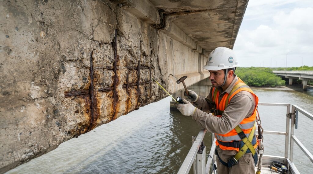 Engenheiro inspeciona uma viga de concreto com fissuras, manchas de corrosão e armaduras expostas em uma ponte costeira.