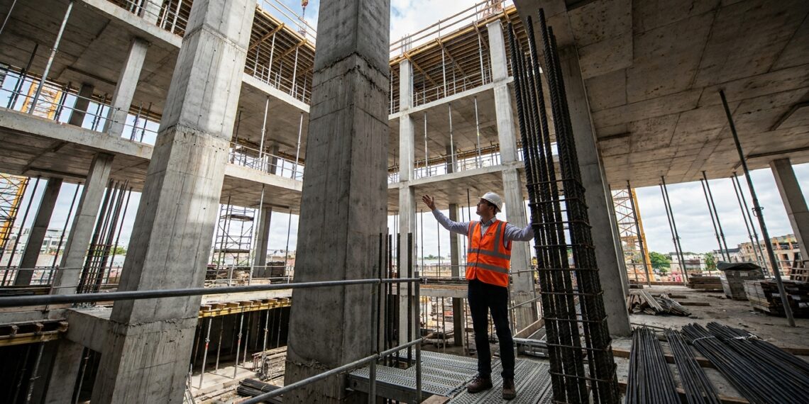 Engenheiro inspeciona as armaduras de aço instaladas nos pilares de concreto de um edifício alto em construção.