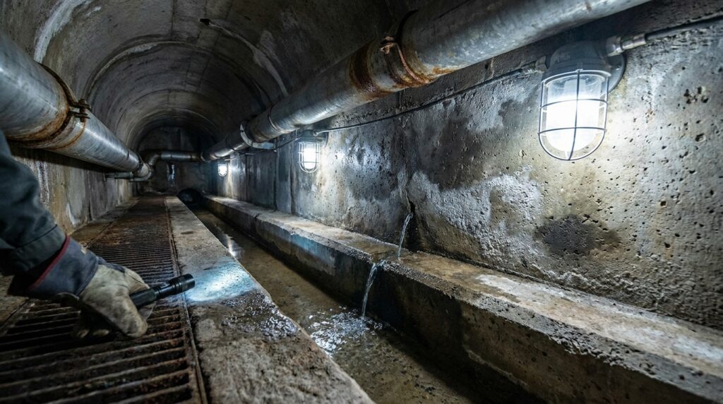 Galeria interna de barragem com tubulações e canais de drenagem para controlar a água infiltrada