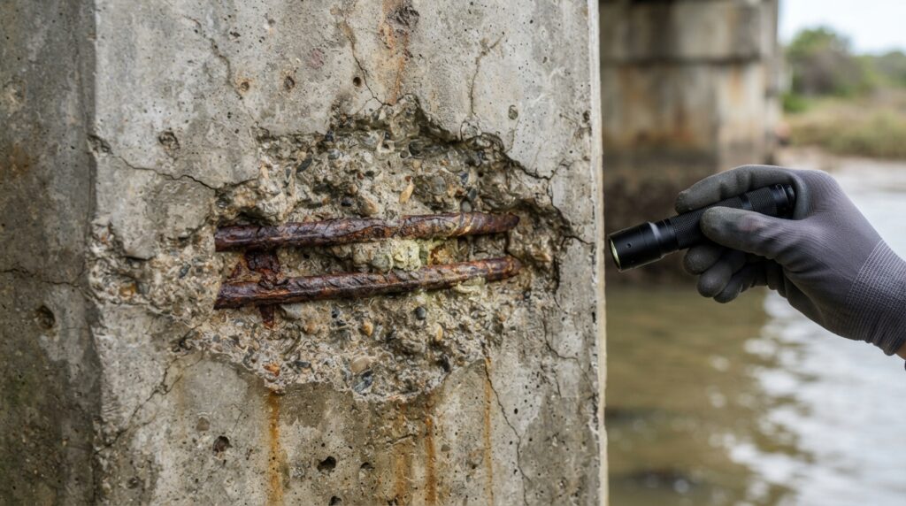 Detalhe ilustrativo de um pilar de concreto armado com fissuras, perda localizada do cobrimento e barras de aço expostas à corrosão.