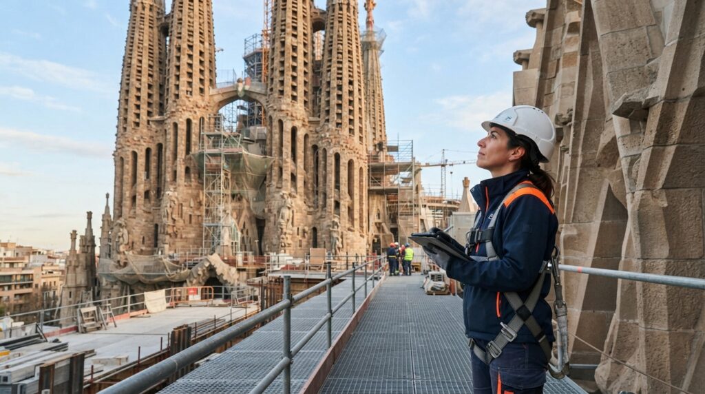 Profissional de engenharia observa as torres da Sagrada Família e seus detalhes construtivos.