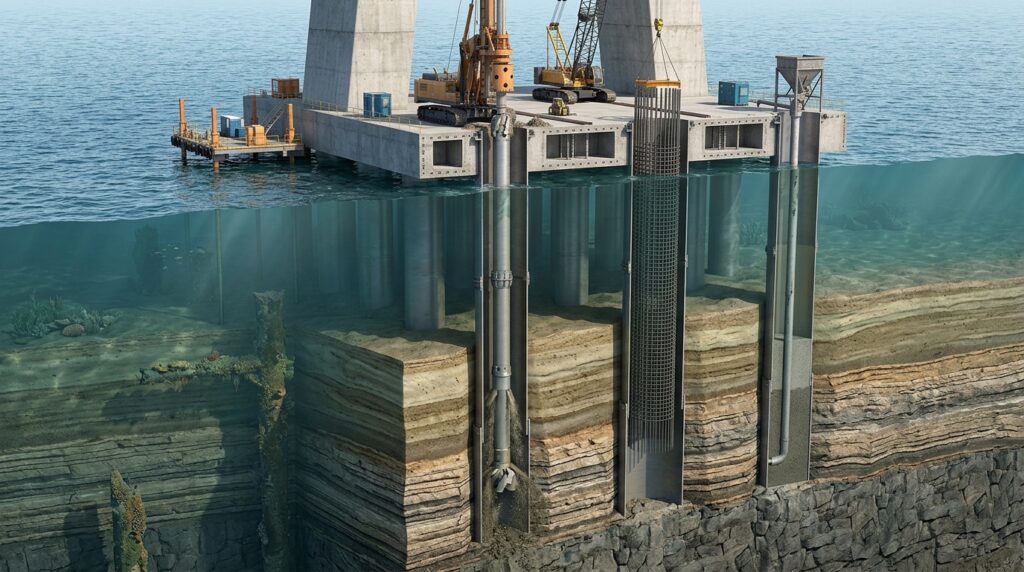 Corte técnico mostra estacas profundas sustentando um pilar da Ponte Salvador–Itaparica.