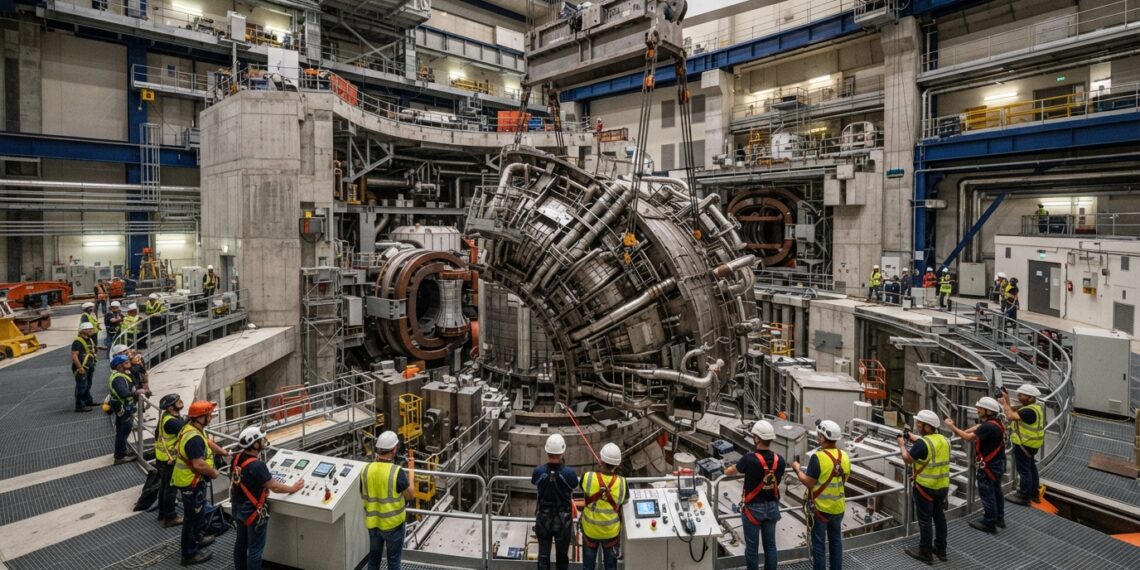 Módulo metálico gigante suspenso durante a montagem do reator experimental de fusão ITER, na França.