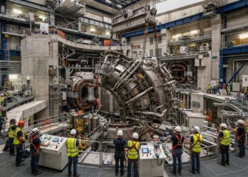 Módulo metálico gigante suspenso durante a montagem do reator experimental de fusão ITER, na França.