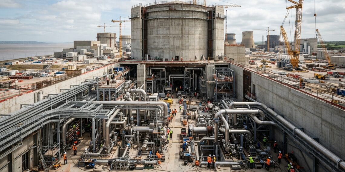 Construção da usina nuclear Hinkley Point C com estrutura de concreto e instalações industriais em montagem.