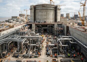 Construção da usina nuclear Hinkley Point C com estrutura de concreto e instalações industriais em montagem.