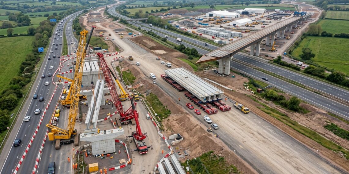 Três grandes operações do HS2 mostram vigas pesadas, módulo sobre SPMTs e tabuleiro lançado sobre rodovias perto de Birmingham.
