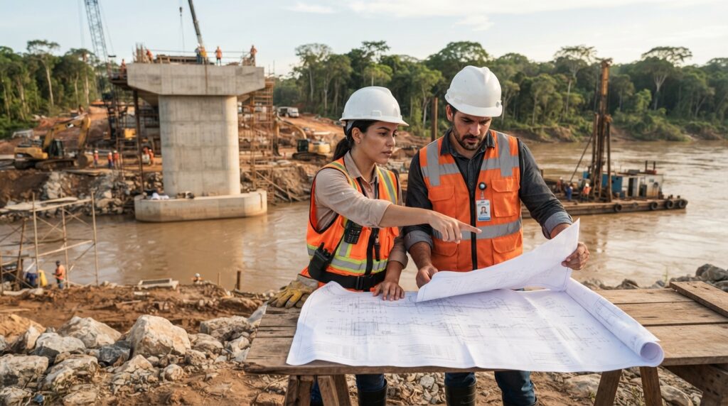 Dois engenheiros civis analisando plantas de uma ponte às margens de um rio amazônico, com equipamentos de construção ao fundo.