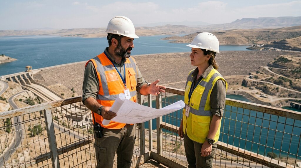 Engenheiros observam o reservatório e as estruturas da Barragem de Atatürk, na Turquia.