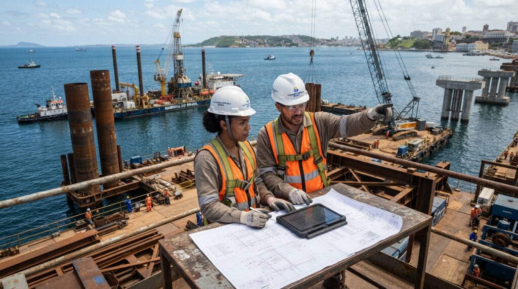 Engenheiros analisando plantas de uma ponte marítima sobre uma plataforma de construção, com guindastes e equipamentos de perfuração ao fundo.