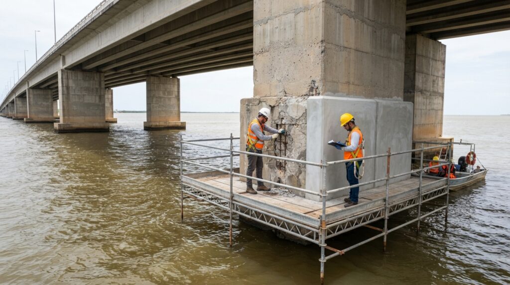 Trabalhadores de engenharia inspecionam um pilar de concreto armado em uma plataforma de trabalho sobre a água, durante uma recuperação estrutural ilustrativa.