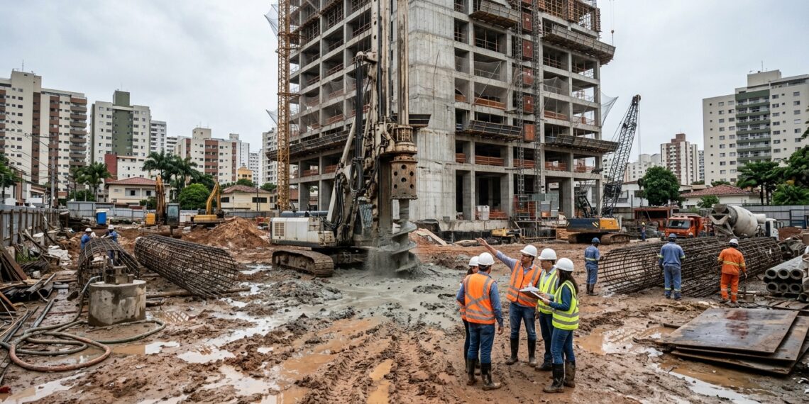 Construção de fundações profundas para um edifício em terreno de solo argiloso e instável.