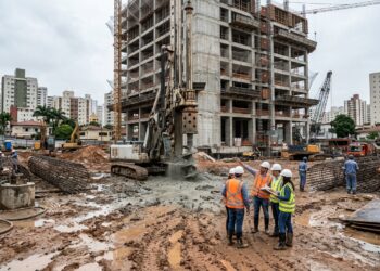 Construção de fundações profundas para um edifício em terreno de solo argiloso e instável.
