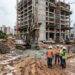 Construção de fundações profundas para um edifício em terreno de solo argiloso e instável.