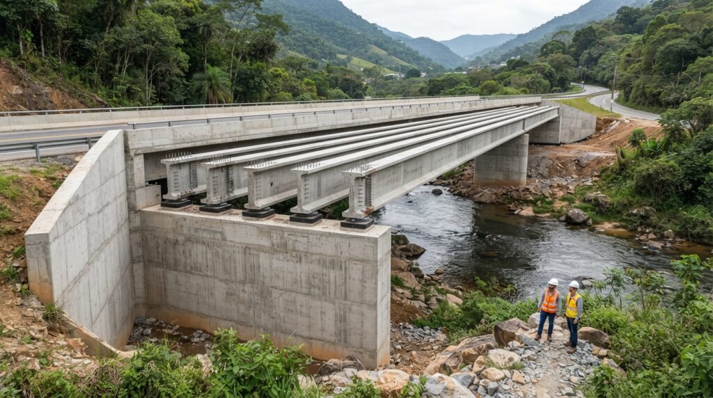 Dois guindastes de grande porte içam uma viga pré-moldada de concreto protendido durante a montagem de uma ponte sobre o Rio Piabanha.
