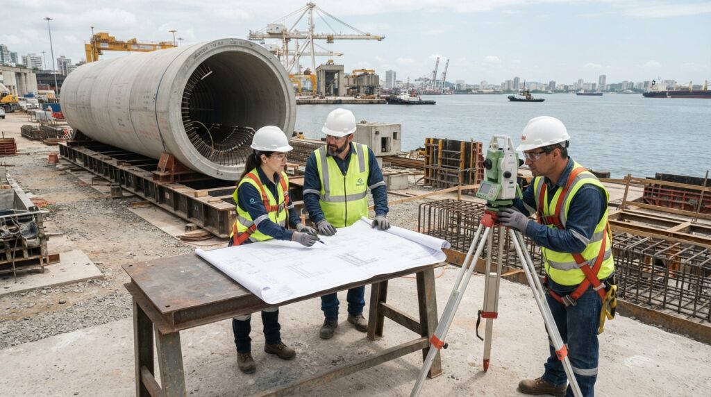 Engenheiros com equipamentos de proteção analisam desenhos técnicos perto de um módulo de concreto em um canteiro portuário.