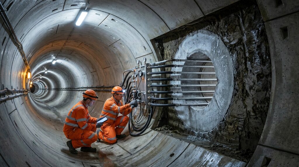 Engenheiros trabalham com tubulações de congelamento artificial do solo durante a preparação de uma passagem subterrânea do Northolt Tunnel.