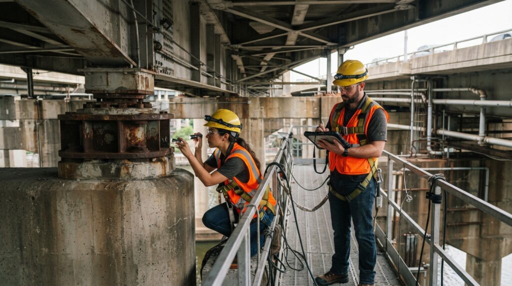Engenheiros inspecionam os apoios estruturais na parte inferior de uma ponte rodoviária.