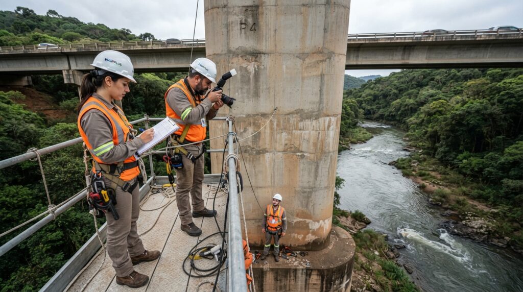 Engenheiros inspecionam o pilar de uma ponte rodoviária após chuvas intensas.