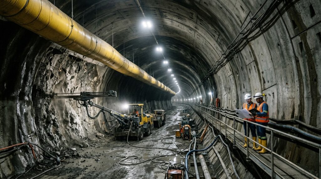 Interior de túnel hídrico escavado em rocha sob uma serra do Nordeste.