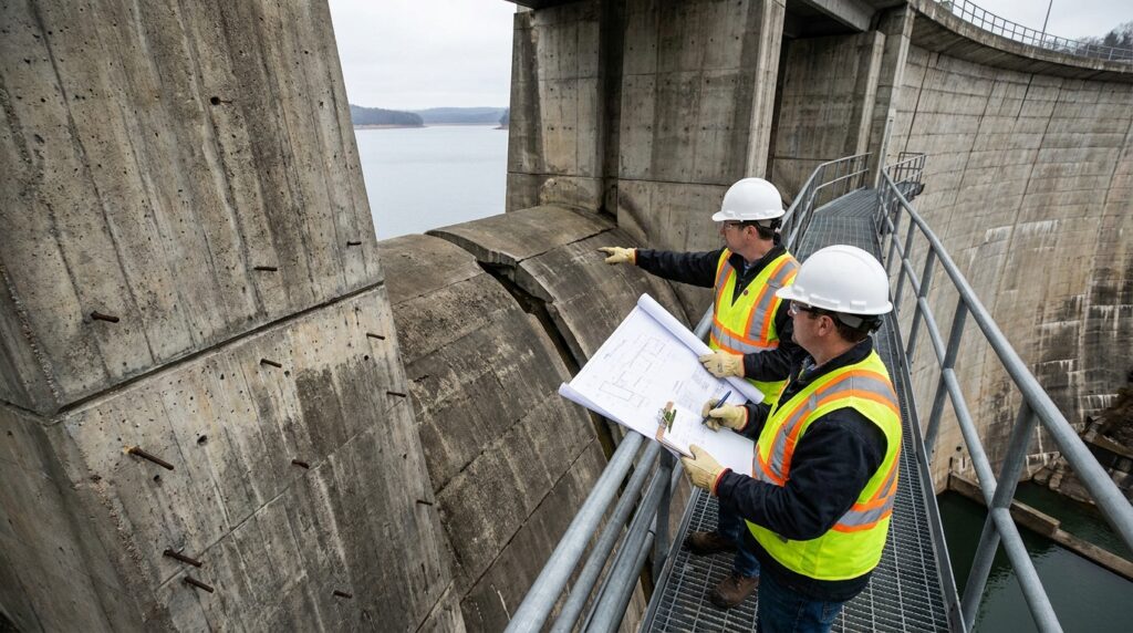 Engenheiros civis inspecionam uma barragem de concreto durante uma avaliação técnica de segurança.