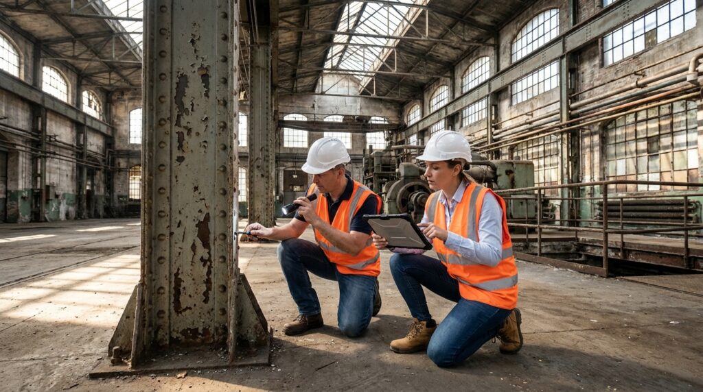 Engenheiros civis inspecionam pilares e cobertura de uma fábrica antiga durante avaliação para retrofit.