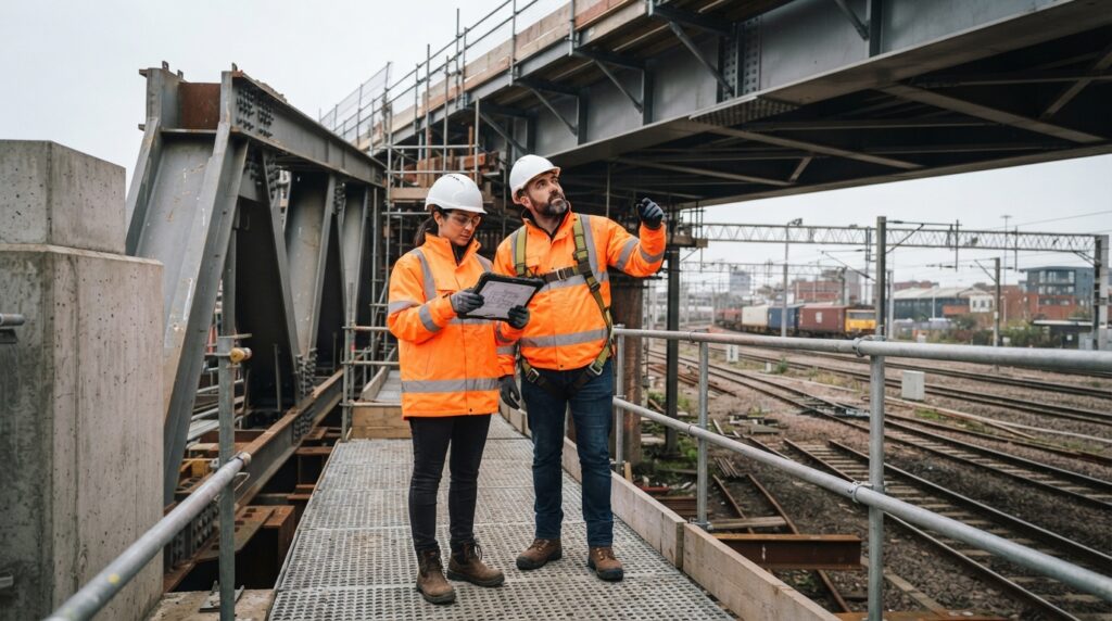 Engenheiros civis com capacetes e coletes refletivos analisam a estrutura metálica de uma ponte ferroviária em construção.