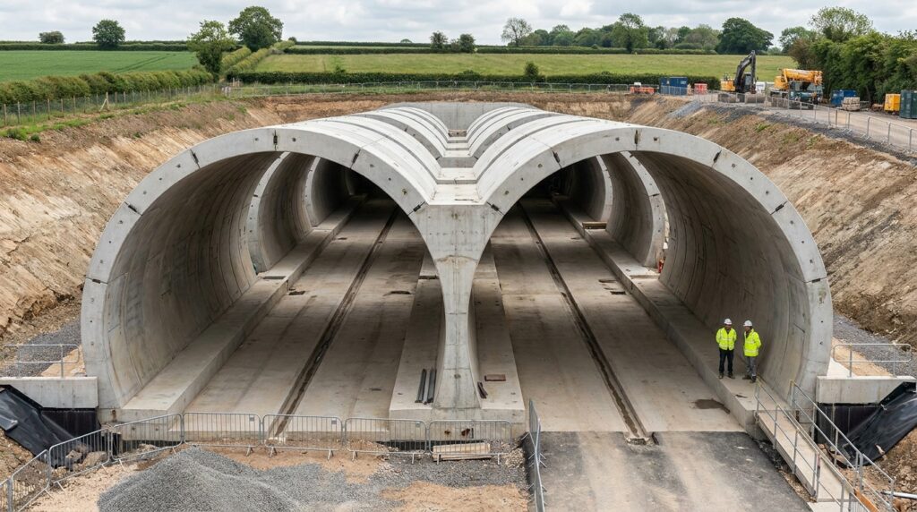 Vista frontal ilustrativa dos dois arcos paralelos de concreto que formam o perfil em M de um túnel ferroviário pré-moldado.
