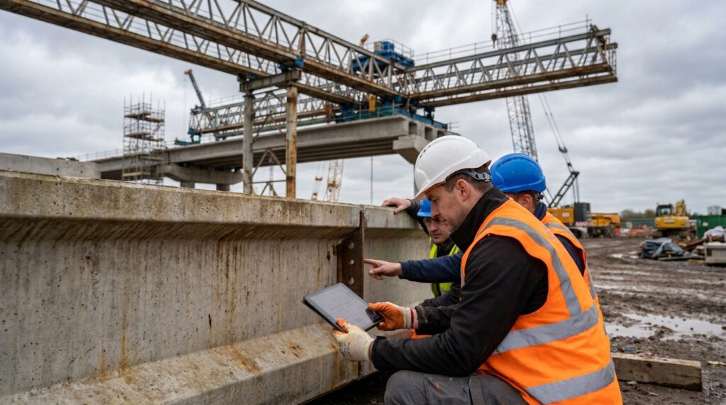Engenheiro civil com capacete e colete refletivo inspecionando um segmento de concreto pré-moldado em um canteiro ferroviário