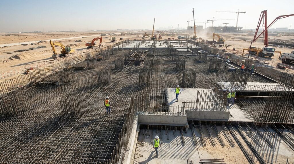 Fundação de concreto armado de grande espessura durante a construção de um arranha-céu.
