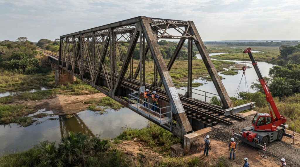 Representação de engenheiros inspecionando e reforçando uma ponte ferroviária metálica sobre uma área alagável em Mato Grosso do Sul.
