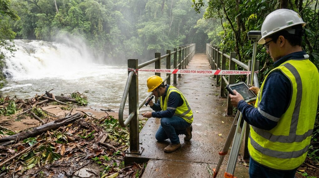 Engenheiros inspecionam guarda-corpos e componentes de uma passarela após a redução do nível de um rio.