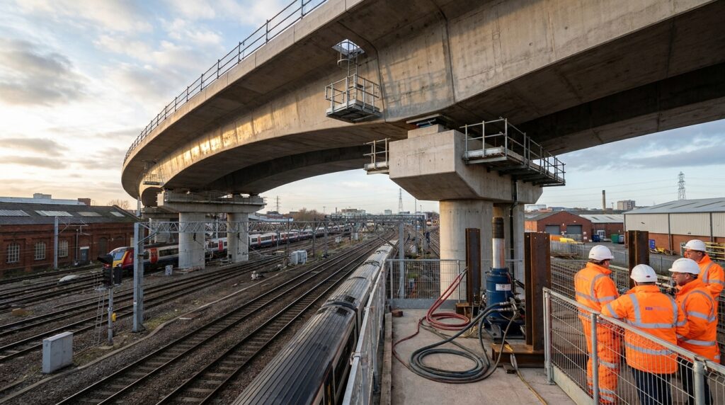 Vista lateral de um enorme tabuleiro ferroviário sendo lançado sobre linhas de trem, com pilares e equipamentos hidráulicos em destaque.
