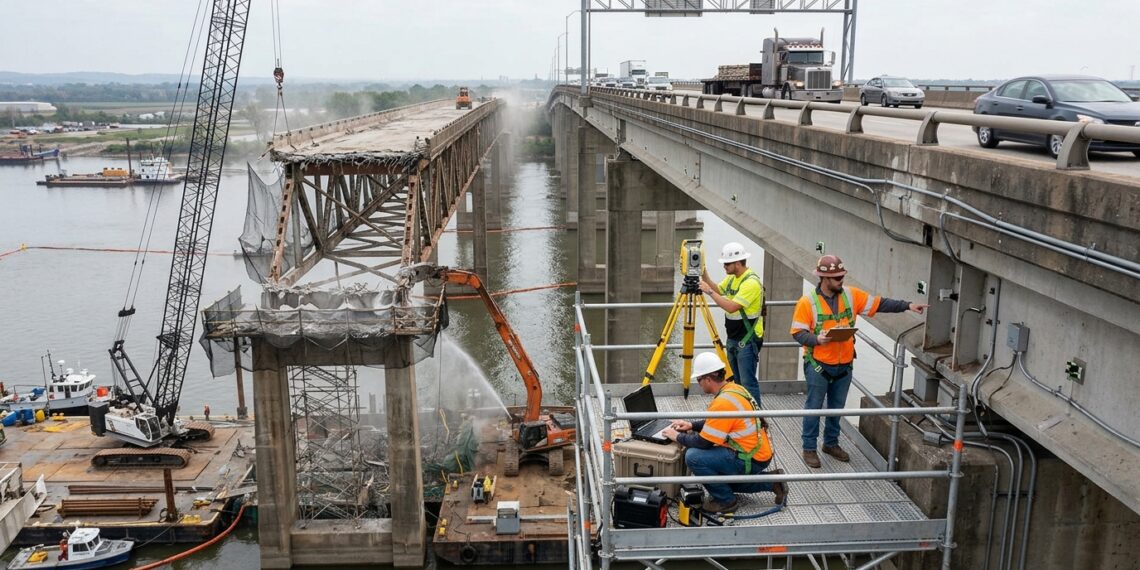 Sensores e equipes técnicas acompanham a ponte em operação enquanto a estrutura antiga é desmontada ao lado.