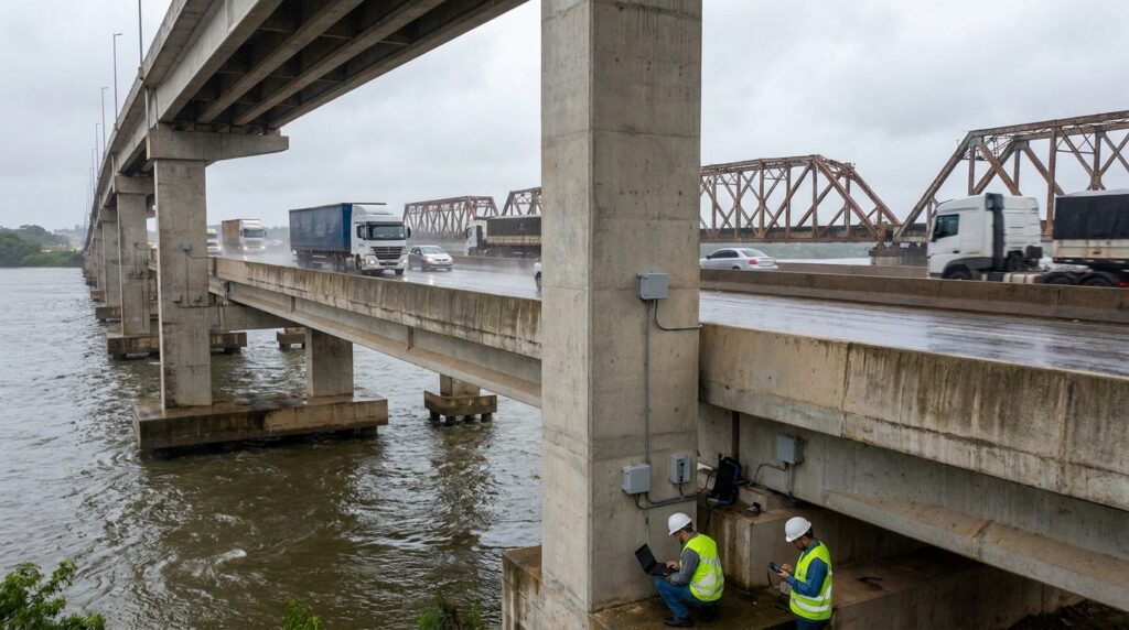 Sensores e equipes técnicas acompanham a ponte em operação enquanto veículos atravessam a BR-135.