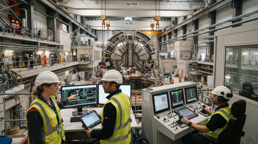 Engenheiros acompanham o posicionamento de um módulo pesado durante a montagem do reator ITER.