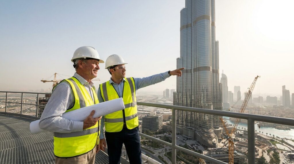 Engenheiros civis analisam a estrutura do Burj Khalifa, símbolo da engenharia de arranha-céus.