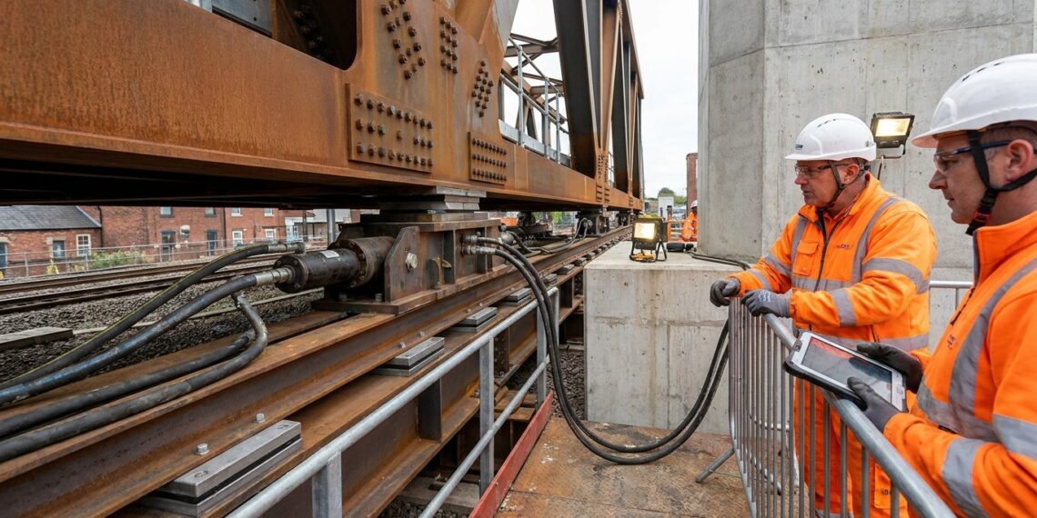 Reconstrução de macacos hidráulicos e apoios deslizantes utilizados para movimentar uma grande ponte metálica sobre uma ferrovia.