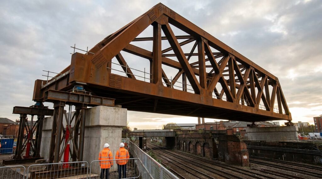 Vista de baixo de uma gigantesca ponte metálica de aço patinável sobre linhas ferroviárias na Inglaterra, com engenheiros próximos à estrutura.