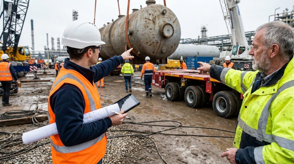 Engenheiros analisam plantas e planejam o transporte de um equipamento industrial de grande porte.