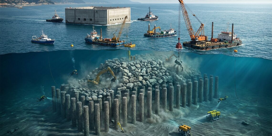 Fundo do mar é reforçado antes da instalação dos grandes caixões do quebra-mar de Gênova.