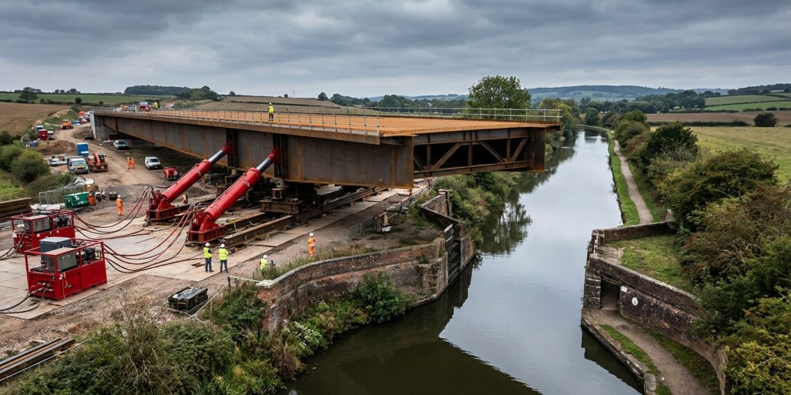 Ponte de 130 metros é empurrada sobre canal por macacos hidráulicos.