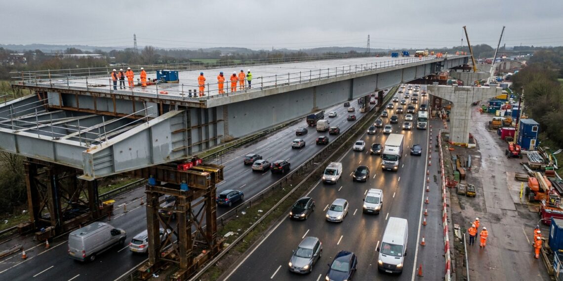 Viaduto de 4.600 toneladas avança sobre a M6 com carros passando por baixo.