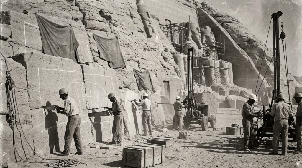 Fachada restaurada dos templos de Abu Simbel, com as estátuas colossais de Ramsés II diante da paisagem desértica próxima ao Lago Nasser.